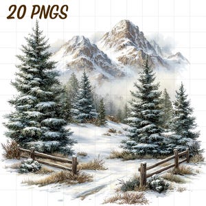 May include: Watercolor illustration of a snowy mountain landscape with evergreen trees and a wooden fence. The image features a winter scene with snow-covered trees and mountains in the background. Text at the top reads "20 PNGS".