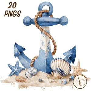 May include: Watercolor illustration of a blue anchor with a rope, seashells, and starfish on sand. The image includes the text "20 PNGs" in brown. The anchor is a nautical theme.