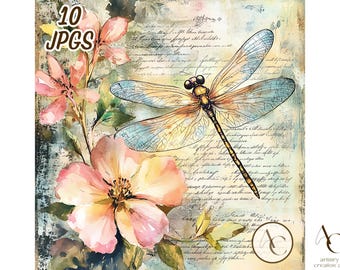 Dragonfly clipart bundle, Tropical insect garden paper JPG, Watercolor floral scrapbook, Flower botanical journaling, Dragonflies page craft