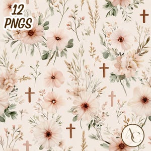 May include: Digital art featuring a floral pattern with soft pink and cream-colored flowers, green leaves, and brown crosses on a beige background. The text "12 PNGS" is in the upper left corner.
