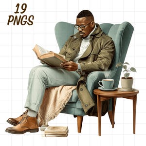 May include: Illustration of a person reading a book while seated in a teal armchair. The person wears glasses, a green coat, and light blue pants. A small table holds a cup of coffee and a potted plant. The image includes the text "19 PNGs".
