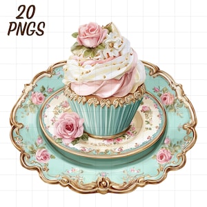 May include: A watercolor illustration of a cupcake with pink and white frosting, topped with a pink rose. The cupcake sits on a decorative plate with a floral design and gold trim. The image includes the text "20 PNGs".