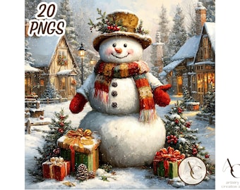 20 Winter Schneemann PNG, Verschneite Weihnachten Clipart, Aquarell Weihnachtsdorf, Schnee festliche Landschaft Landschaft, Vintage Häuser, Urlaub Hintergrund