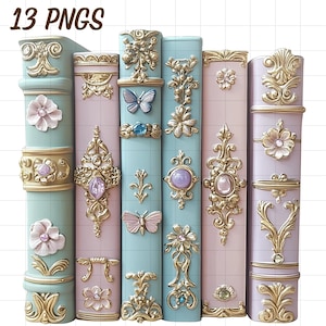 Può includere: Una collezione di libri decorativi dai colori pastello, tra cui azzurro, rosa e lavanda. Ogni libro presenta decorazioni dorate ornate, come fiori, farfalle e riccioli intricati. Il testo "13 PNGS" è visibile in alto.