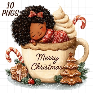 May include: A digital illustration of a sleeping child in a large mug of whipped cream, with candy canes and gingerbread cookies. The mug says "Merry Christmas". The child wears a red and white patterned outfit.