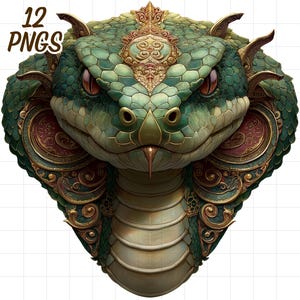 Può includere: Illustrazione dettagliata di una testa di cobra, con motivi intricati e ornamenti dorati. Le squame del serpente sono un mix di verdi e marroni, con occhi rossi penetranti. Il testo "12 PNGs" è visibile.