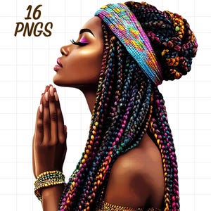 16 imágenes prediseñadas de niña negra rezando, mujeres cristianas étnicas, mujer afro png, bohemio tribal, afroamericano étnico, fe católica, Jesús Dios