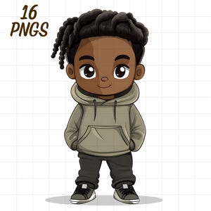 May include: Illustration of a cartoon boy wearing a gray hoodie, dark gray pants, and black and gray sneakers. The boy has dark skin, black curly hair, and large eyes. The image includes the text "16 PNGs".