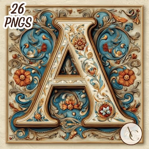 Peut inclure: Illustration numérique de la lettre "A", ornée de motifs floraux et de volutes dans des tons crème, or, turquoise et orange. Le visuel affiche le texte "26 PNGS" et le logo "Artistry Creation Art".
