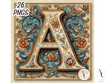 26 Medieval alphabet letter, Watercolor illuminated font clipart set, Lettering png, Decorative word, Floral vintage text, Antique monogram