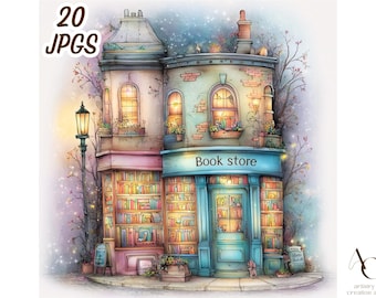 Peut inclure: Illustration à l'aquarelle d'une librairie pittoresque avec un auvent bleu portant l'inscription "Book store". Le bâtiment possède de nombreuses fenêtres avec un éclairage intérieur chaleureux, entouré d'arbres et d'un lampadaire. L'image comprend le texte "20 JPGs".