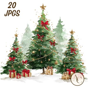 May include: A watercolour illustration of decorated Christmas trees with red bows, gold baubles, and star toppers. Presents are at the base of the trees. The text "20 JPGS" is at the top left.