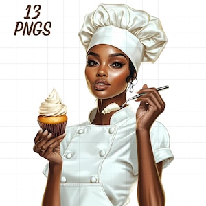 Op de afbeelding: Digitale illustratie van een chef-kok die een cupcake en een lepel met glazuur vasthoudt. De chef-kok draagt een wit uniform en een hoed. De afbeelding bevat de tekst "13 PNGS" in bruin.