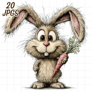 Könnte beinhalten: Eine Illustration eines lächelnden Hasen, der eine Karotte hält. Der Hase hat braunes Fell, große Augen und lange Ohren. Das Bild enthält den Text "20 JPGs" in der oberen linken Ecke. Der Hase hält eine Karotte mit grünen Blättern.