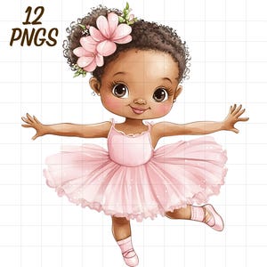Paquete de 12 imágenes prediseñadas de bailarinas negras, danza de ballet rosa, bebé afro png, niña con melanina, niños afroamericanos, acuarela