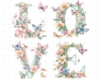 May include: Watercolor illustration of the word "LOVE" in pastel colors. Each letter is adorned with flowers and butterflies in shades of pink, peach, and blue. The butterflies appear to be fluttering around the letters.