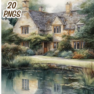 May include: A watercolour painting depicts a stone house with a slate roof, set amidst greenery and a pond. The image features the text "20 PNGS". The house is reflected in the water, creating a tranquil scene. The style is reminiscent of a classic English countryside.