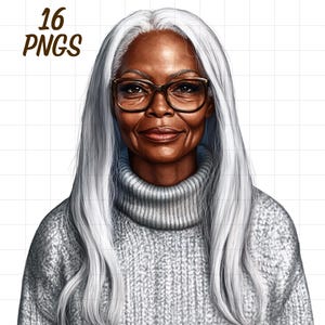 Black old lady clipart bundle, African American grandma, Granny older women, Retired afro woman png, Elder melanin girl, Elderly mom journal