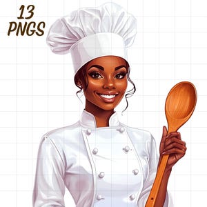 Paquete de 13 imágenes prediseñadas de chefs negras, mujeres cocinando, imágenes prediseñadas de cocineras afroamericanas, mujeres afroamericanas, panaderas con melanina, repostería en la cocina, cocina culinaria