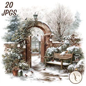 May include: Watercolor painting of a snow-covered garden scene. A wooden bench, brick archway, and a greenhouse are visible. Birds perch on the bench and ground. The image includes the text "20 JPGs" in the upper left corner.