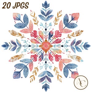 May include: Watercolor illustration of a symmetrical floral design with leaves, feathers, and floral elements in shades of blue, pink, orange, and gold. The text "20 JPGS" is at the top. The design is a digital art print.