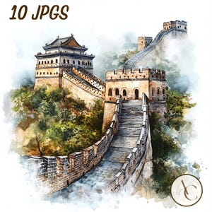 10 Great Wall of China clipart, Watercolor Chinese landscape jpg, Ancient landmark, Historical Beijing, Wonders of the world, Travel Asia