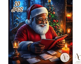 May include: Digital art of Santa Claus, wearing a red suit and hat with a white beard, reading a book. A Christmas tree, candles, and letters are on the desk. The image has the text "10 JPGs".