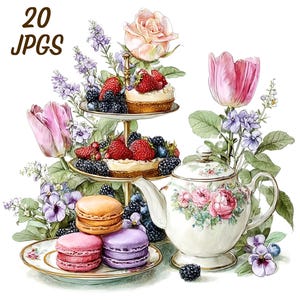 May include: Watercolor illustration featuring a tiered dessert stand with mini tarts topped with strawberries and blackberries. A teapot with floral designs, macarons, and flowers are also present. The image includes the text "20 JPGS".