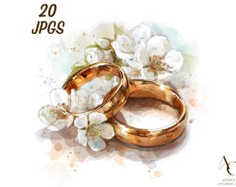 May include: Watercolor illustration of two gold wedding rings with white flowers and green leaves. The image has a soft, artistic style with a watercolor effect. The text "20 JPGS" is in the upper left corner.