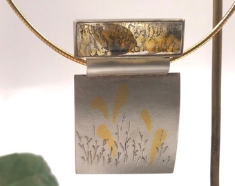 925 Silver Pendant, quartz rectangulaire Avec inclusion dendrite, application 18k Gold sur Koom Boo