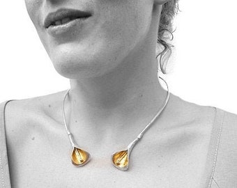 Large Calla-Lily torque necklace with gold leaf