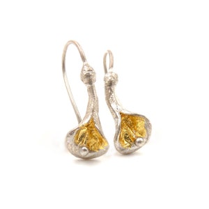 Mini-mini Calla Lily silver drop-earrings filled with gold leaf