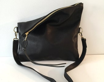 Black Leather Clutch , Large Fold over Clutch , cross body bag , black leather cross body clutch- Sale