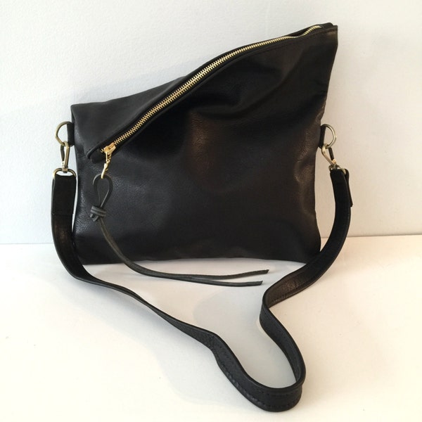 Sale -Black Leather Clutch , Large Fold over Clutch , cross body bag , black leather cross body clutch- Sale