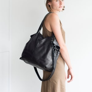 Large black leather Bag - Large zipper tote - Leather Laptop bag - Black cross body tote - boho bag - crossbody bag- Sale