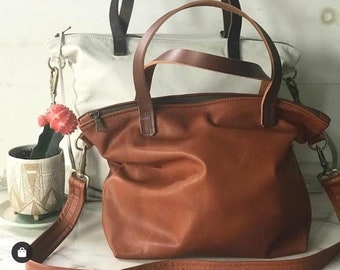 Large Camel Brown leather Laptop bag , Cognac Brown cross body tote, acorn Brown leather tote , Camel leather zipper tote