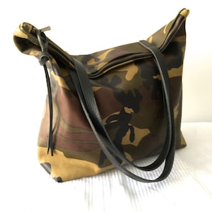 Camouflage Leather Tote Bag With Zipper Large Leather Laptop - Etsy