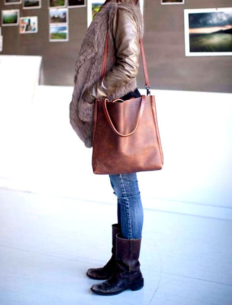 Brown Leather Tote Bag brown leather tote Distressed Brown Leather Travel Bag Leather Market bag crossbody bag Sale image 2