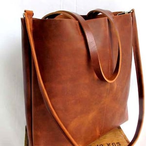 Brown Leather Tote Bag brown leather bag Brown Leather Travel Bag Leather Market bag laptop bag cross body tote Sale image 2