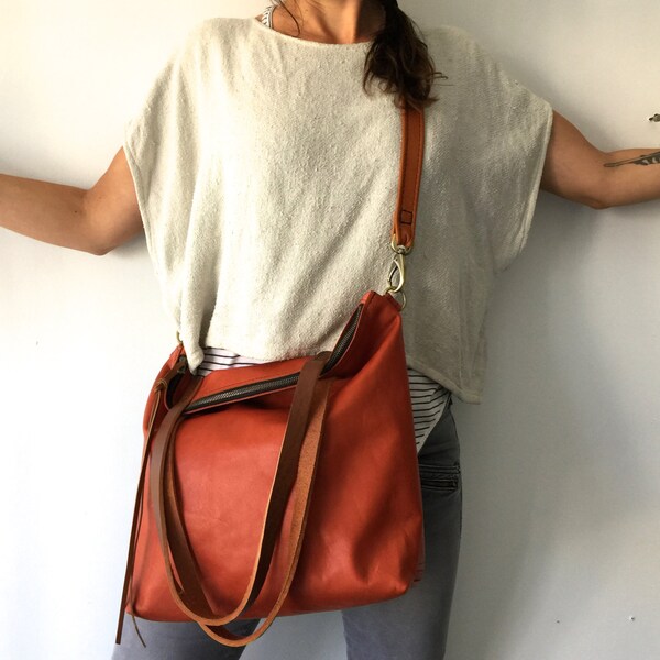 Sale -Clay Red Leather Bag, Large leather Laptop bag, cross body tote, Weekender tote- Sale
