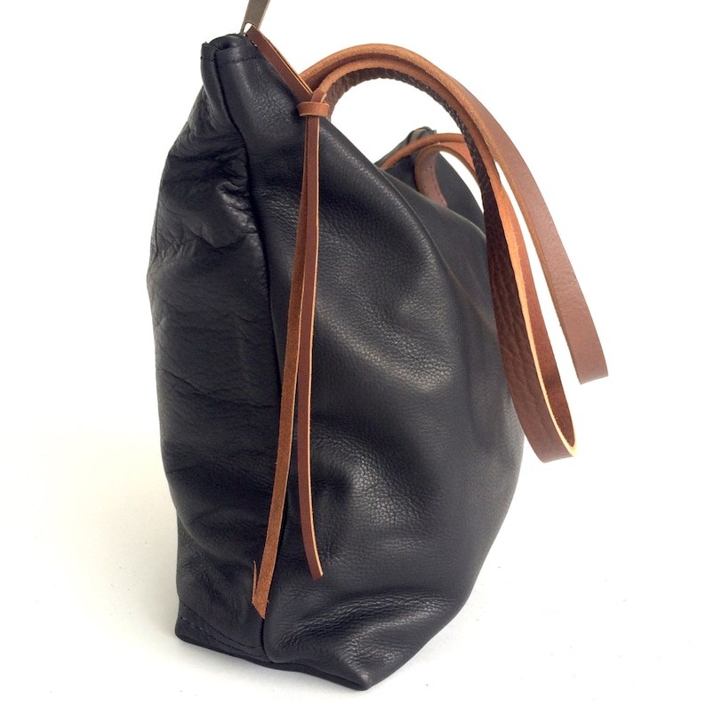 Black Leather Tote Bag with zipper. Crossbody bag. Laptop bag. black leather bag. leather book bag with brown leather straps Sale image 4