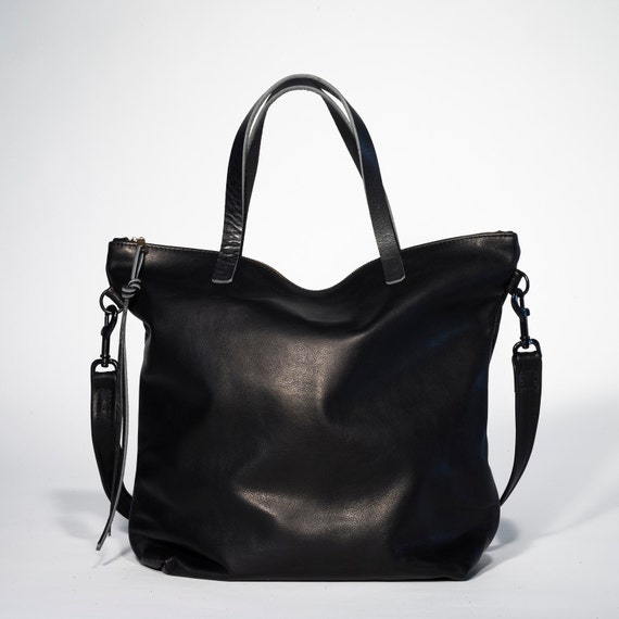 Large Black leather tote bag zipper tote black leather bag | Etsy