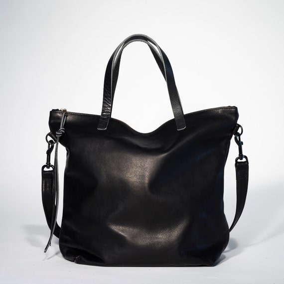Large Black leather tote bag zipper tote black leather bag Etsy