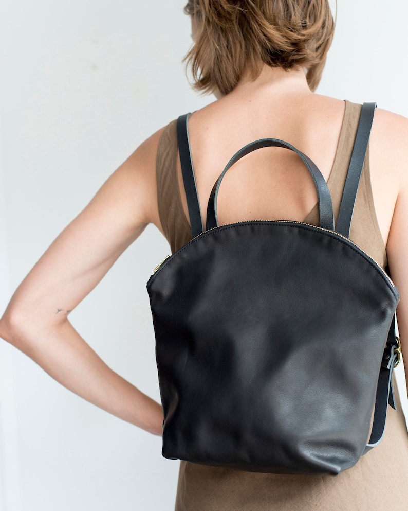 leather backpack , minimal backpack , hobo bag , boho style bag , black leather zipper bag , leather tote , black backpack image 1