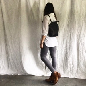 leather backpack , minimal backpack , hobo bag , boho style bag , black leather zipper bag , leather tote , black backpack image 2