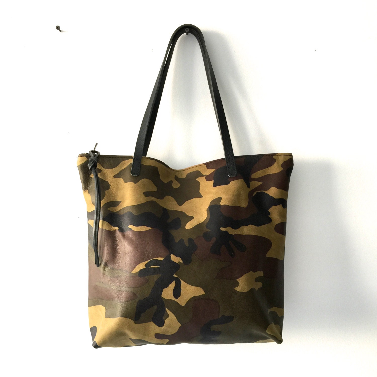 Camouflage Leather Tote Bag with zipper large Leather Laptop Etsy