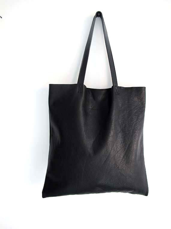 Minimal Black Leather Tote Bag. Simple tote bag. Everyday | Etsy