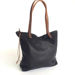 Black Leather Tote Bag with zipper. Crossbody bag. Laptop bag. black leather bag. leather book bag with brown leather straps- Sale