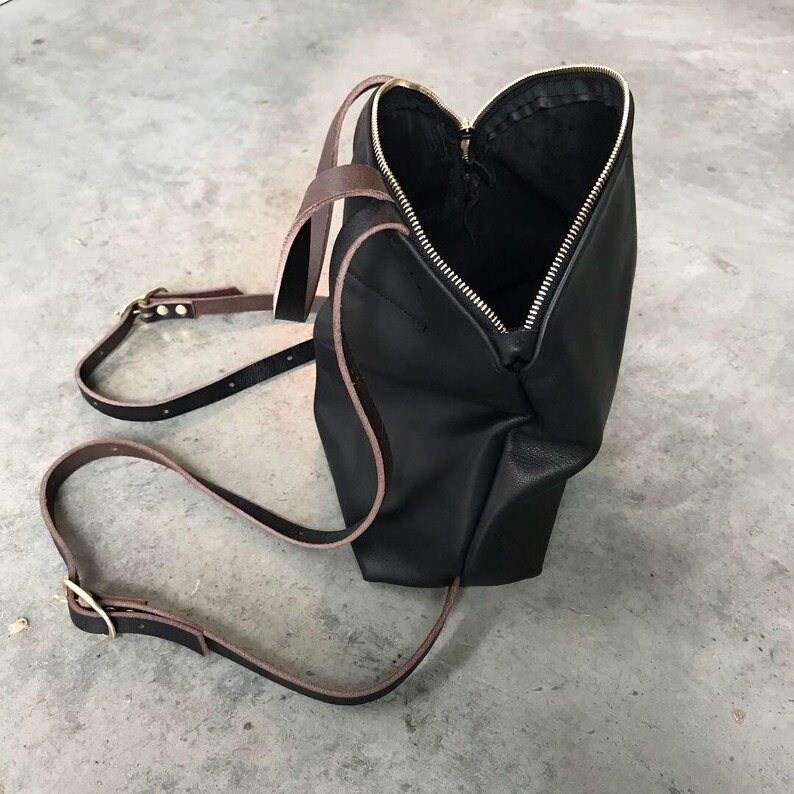 leather backpack , minimal backpack , hobo bag , boho style bag , black leather zipper bag , leather tote , black backpack image 9