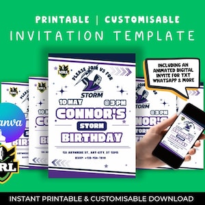 Könnte beinhalten: Eine anpassbare Geburtstagseinladungsvorlage mit grünem Hintergrund. Die Einladung hat ein lila-weißes Design mit dem Text "Connor's Birthday" und dem NRL-Logo. Das Bild zeigt auch ein Telefon, das die Einladung anzeigt.